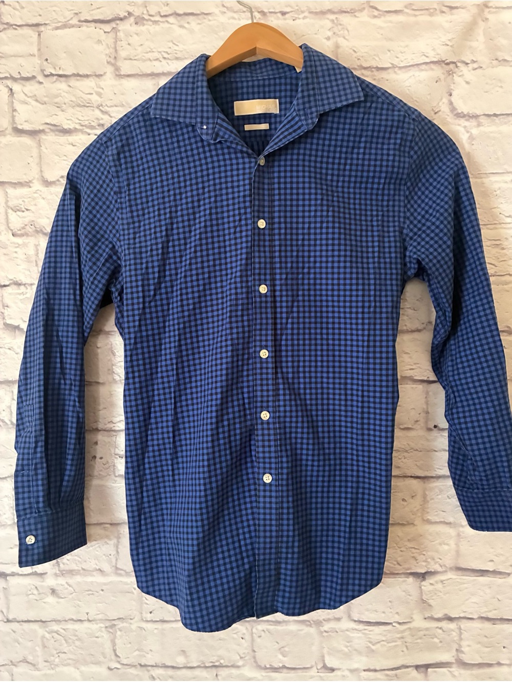 Michael Kors Men's Blue Checked Button-Down Shirt Medium 15.5 32/33